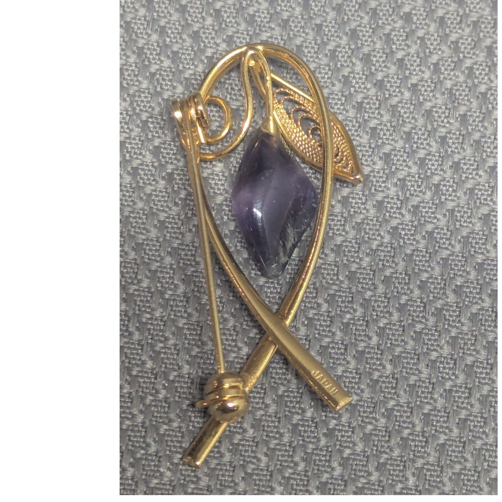 Vintage Gold Tone Abstract Filigree Leaf Purple Stone Brooch Pin Japan Stunning - Picture 3 of 6